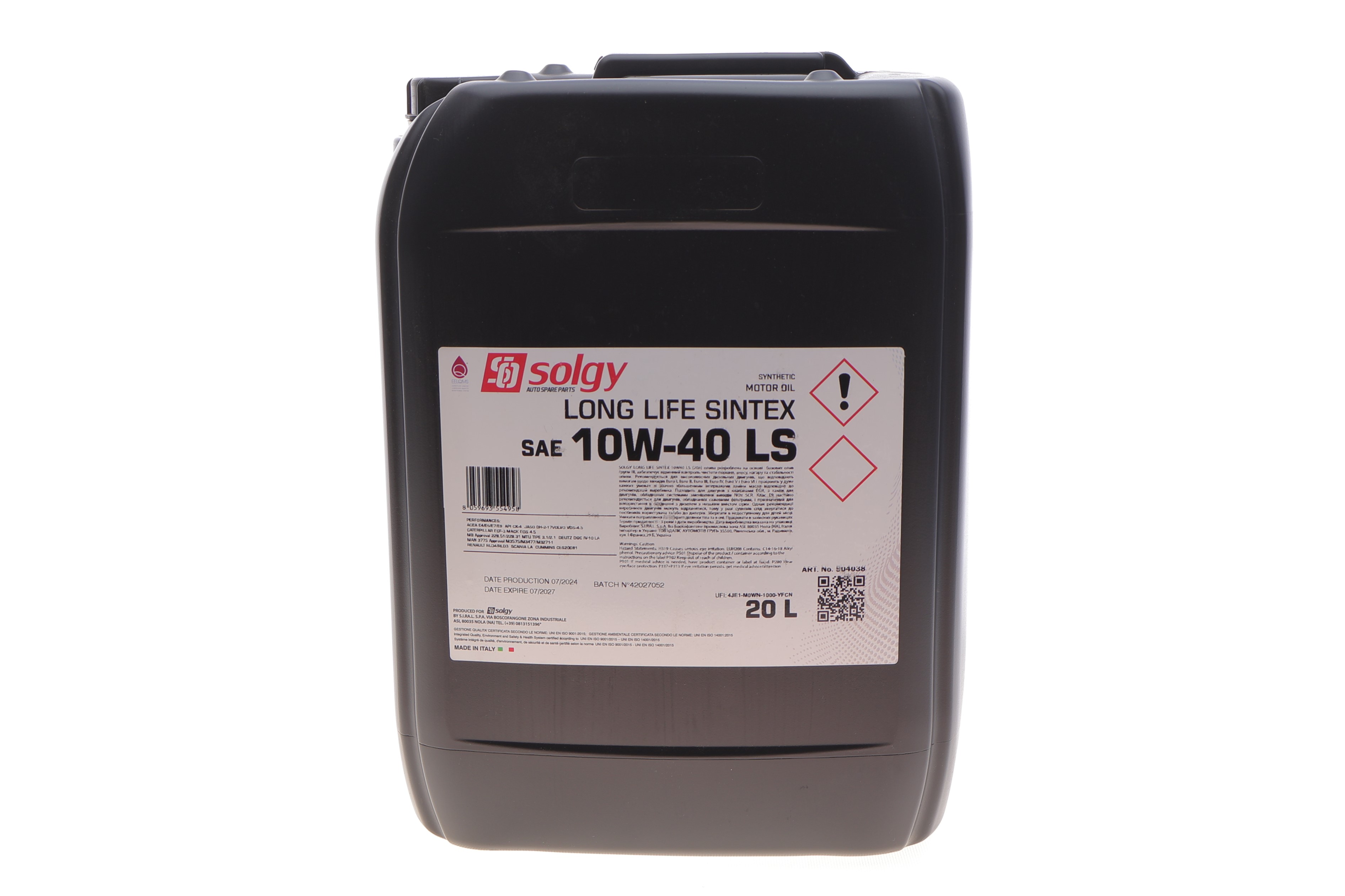 Олива 10W40 LONG LIFE SINTEX LS (20L) (MB 228.51/MB 228.31/ACEA E4/E6/E7/E9)
